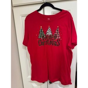 Holiday Time Women‎ Red Merry Christmas Tree T Shirt XL 16 18 Short Sleeve